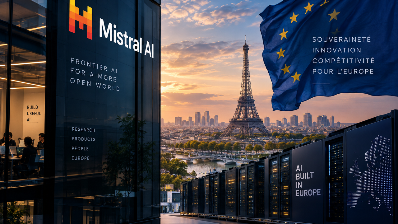Illustration conceptuelle de Mistral AI à Paris associant infrastructure d’intelligence artificielle, identité européenne et souveraineté numérique.