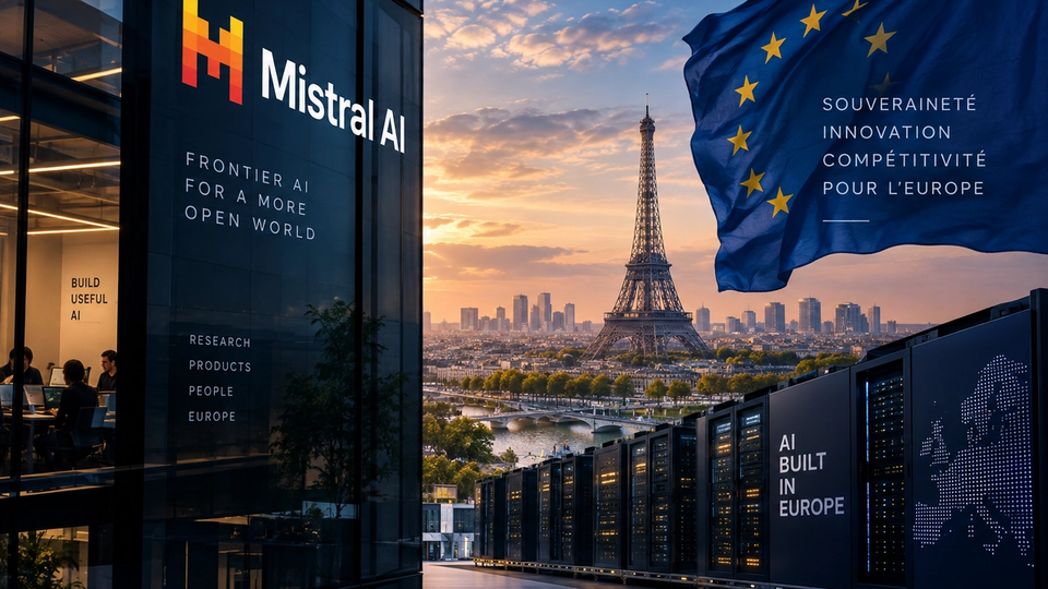 Illustration conceptuelle de Mistral AI à Paris associant infrastructure d’intelligence artificielle, identité européenne et souveraineté numérique.