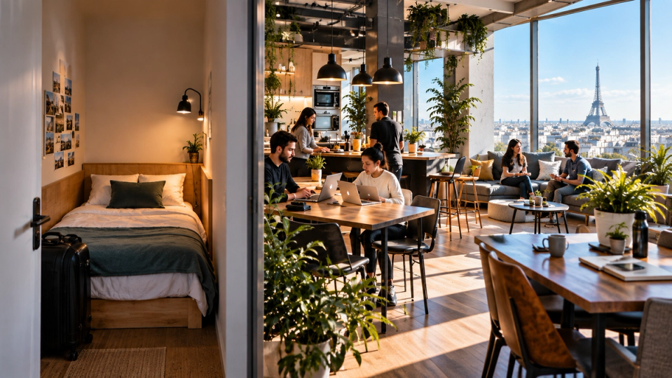 Illustration d’une résidence de coliving avec une chambre privative et de grands espaces communs de cuisine, coworking et salon.