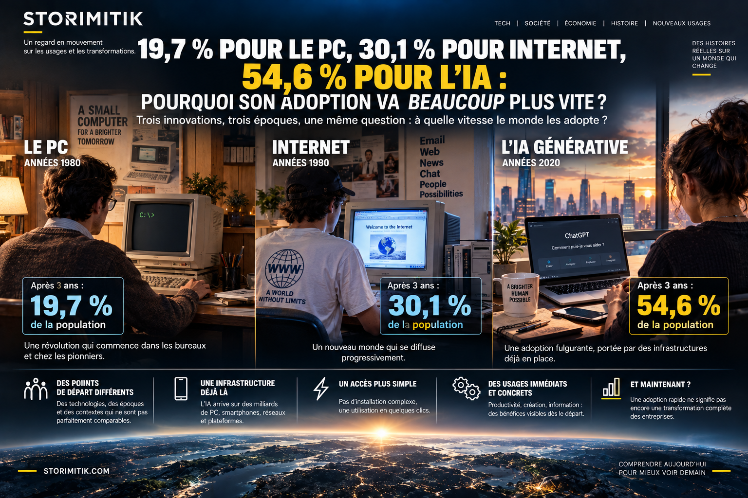 Comparaison éditoriale STORIMITIK de la vitesse d’adoption du PC, d’Internet et de l’IA générative environ trois ans après leurs débuts grand public.
