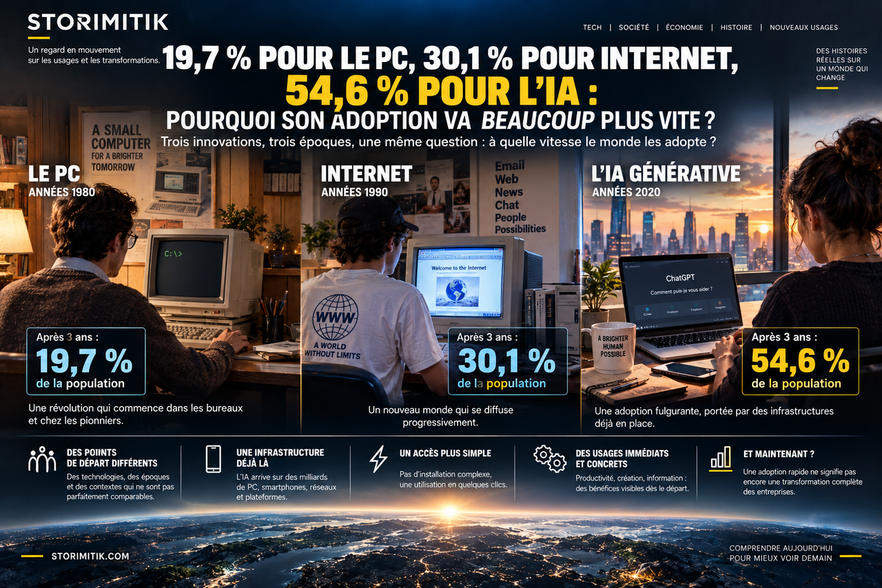 Comparaison éditoriale STORIMITIK de la vitesse d’adoption du PC, d’Internet et de l’IA générative environ trois ans après leurs débuts grand public.