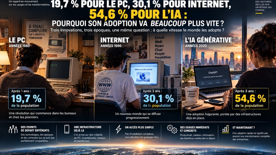 Comparaison éditoriale STORIMITIK de la vitesse d’adoption du PC, d’Internet et de l’IA générative environ trois ans après leurs débuts grand public.