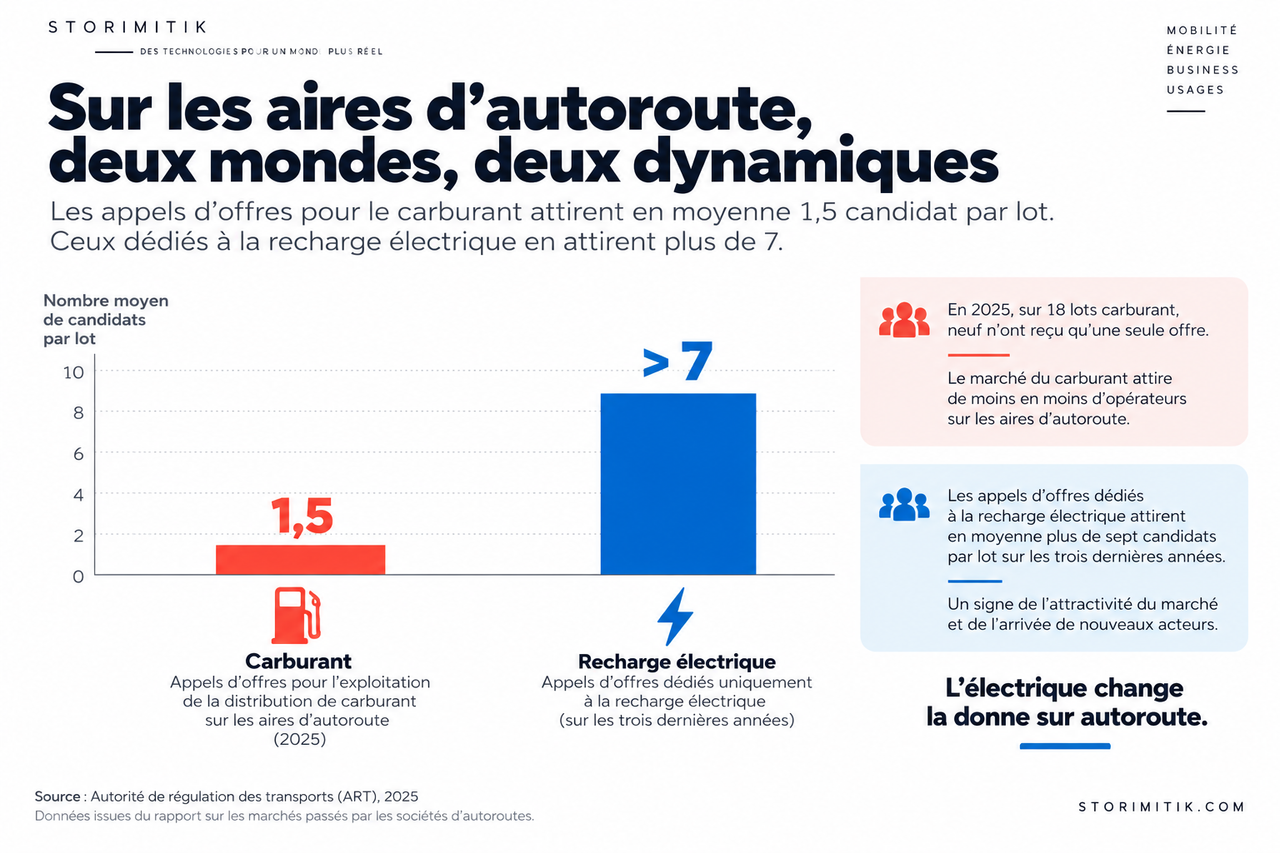 Graphique comparant l’intensité concurrentielle des appels d’offres carburant et recharge électrique sur les aires d’autoroute.