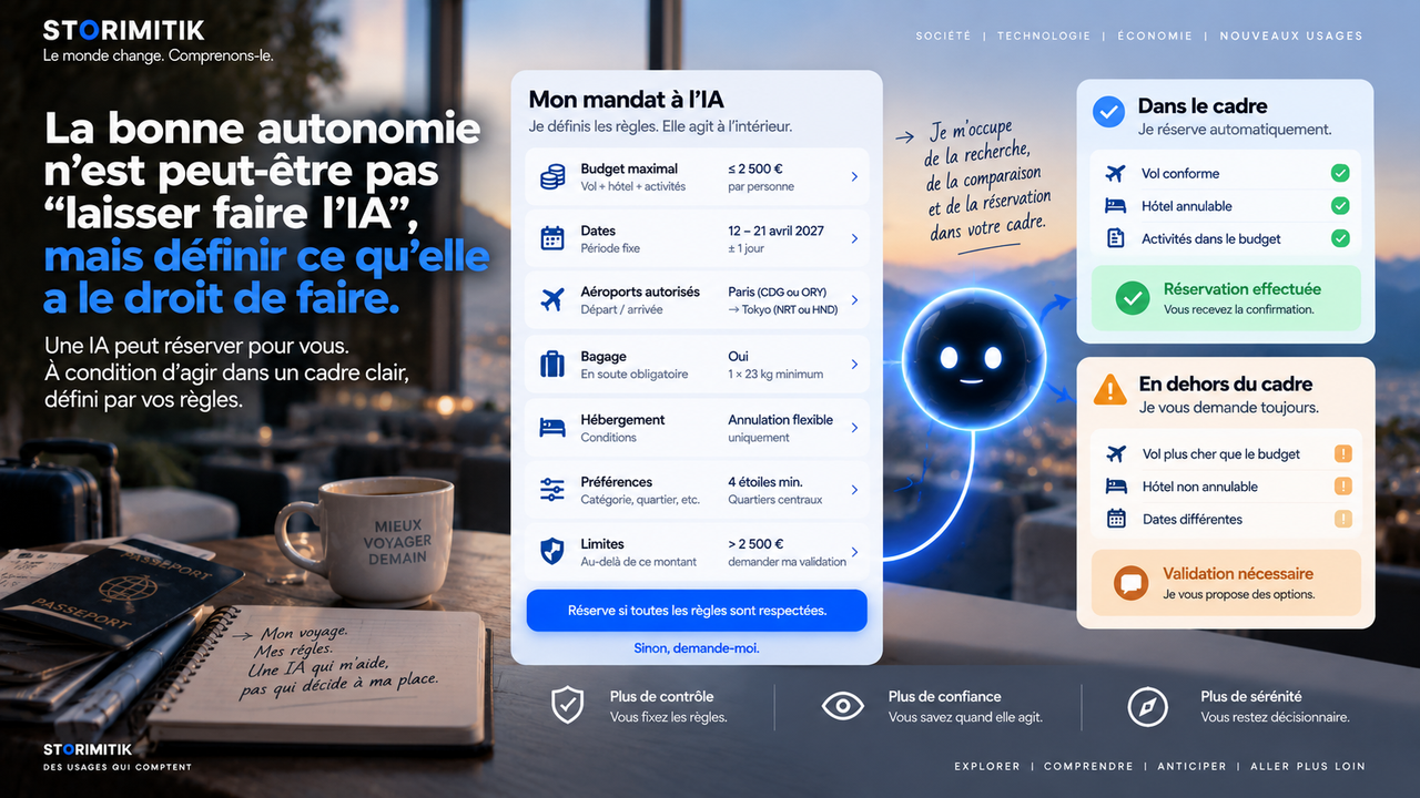 Visuel STORIMITIK montrant une IA autorisée à réserver uniquement dans un cadre défini par l’utilisateur.