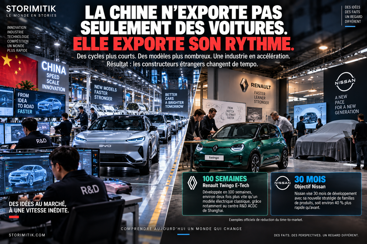 Illustration STORIMITIK montrant Renault et Nissan réduire leurs temps de développement automobile face au nouveau rythme du marché.