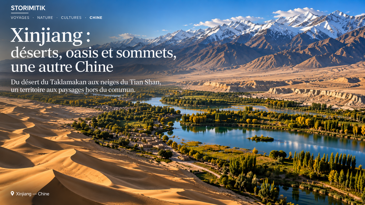 Illustration STORIMITIK ultra-réaliste d’un paysage du Xinjiang associant dunes, oasis et montagnes enneigées du Tian Shan.