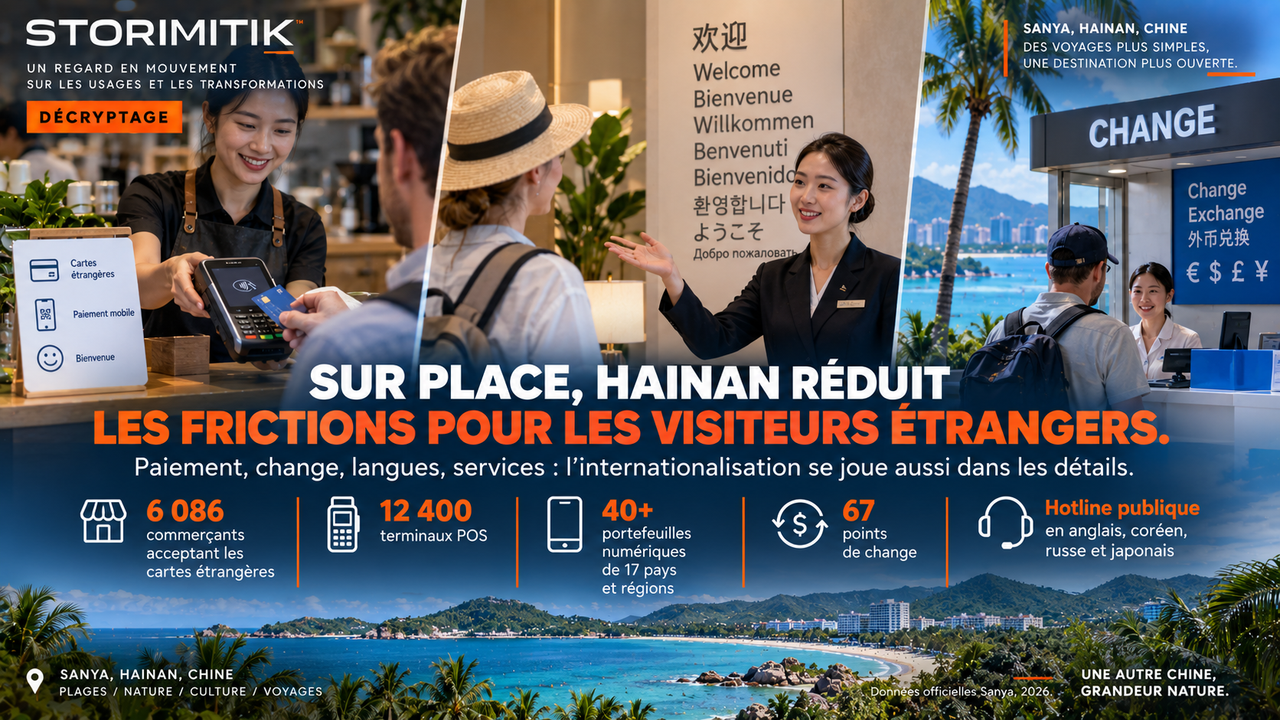 Reconstitution éditoriale des services destinés aux visiteurs étrangers à Sanya : paiement par carte, accueil multilingue et change.