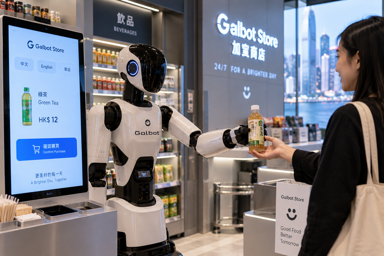 Illustration éditoriale d’un robot Galbot remettant une boisson à une cliente dans une supérette automatisée.