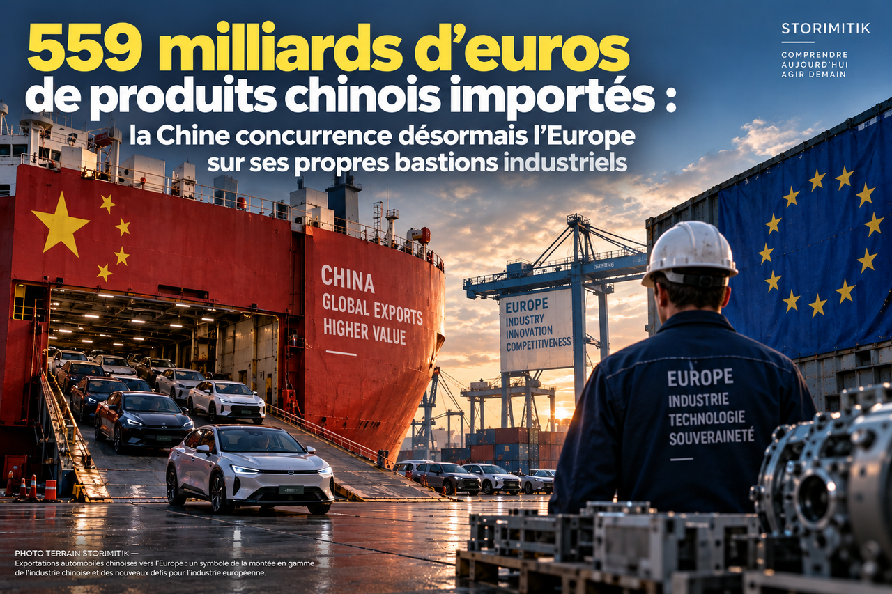 Illustration STORIMITIK représentant le mécanisme de concurrence industrielle entre la Chine et l’Europe dans les machines, l’automobile et les technologies.