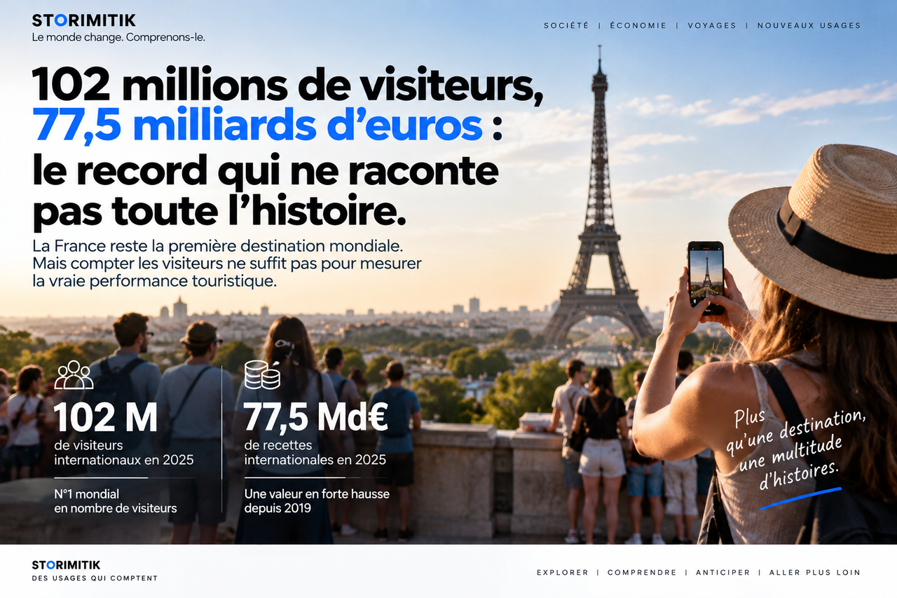 Touristes face à la tour Eiffel avec les chiffres 102 millions de visiteurs internationaux et 77,5 milliards d’euros de recettes internationales en France en 2025.