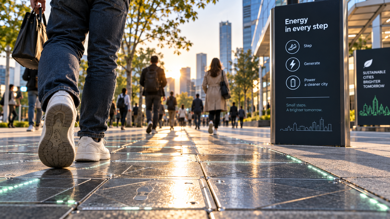 Scène urbaine réaliste montrant des piétons marchant sur un sol cinétique qui récupère une petite quantité d’énergie à chaque pas.