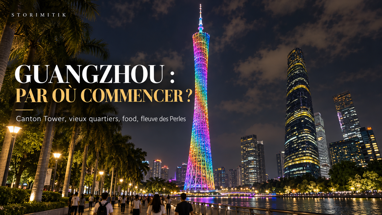Illustration STORIMITIK de nuit montrant la Canton Tower illuminée et la skyline de Guangzhou au bord du fleuve des Perles.