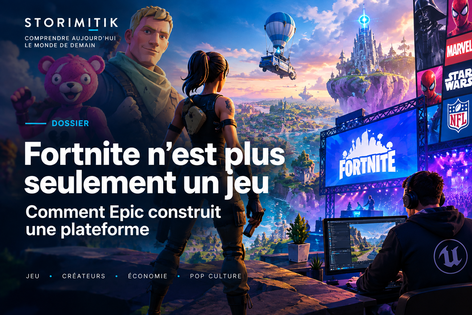 Illustration éditoriale STORIMITIK représentant Fortnite comme une plateforme de création, d’économie, de pop culture et de compétition.