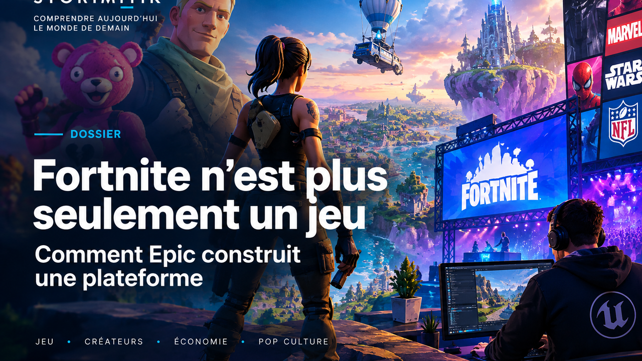 Illustration éditoriale STORIMITIK représentant Fortnite comme une plateforme de création, d’économie, de pop culture et de compétition.