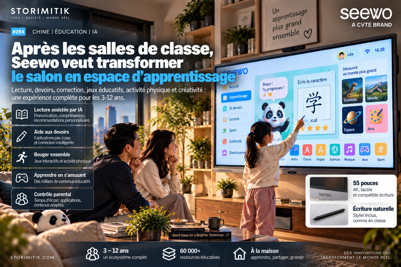 Illustration STORIMITIK montrant l’extension des usages Seewo de l’école au foyer.