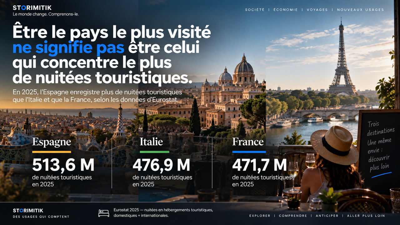 Comparaison 2025 des nuitées touristiques en Espagne, Italie et France selon Eurostat.
