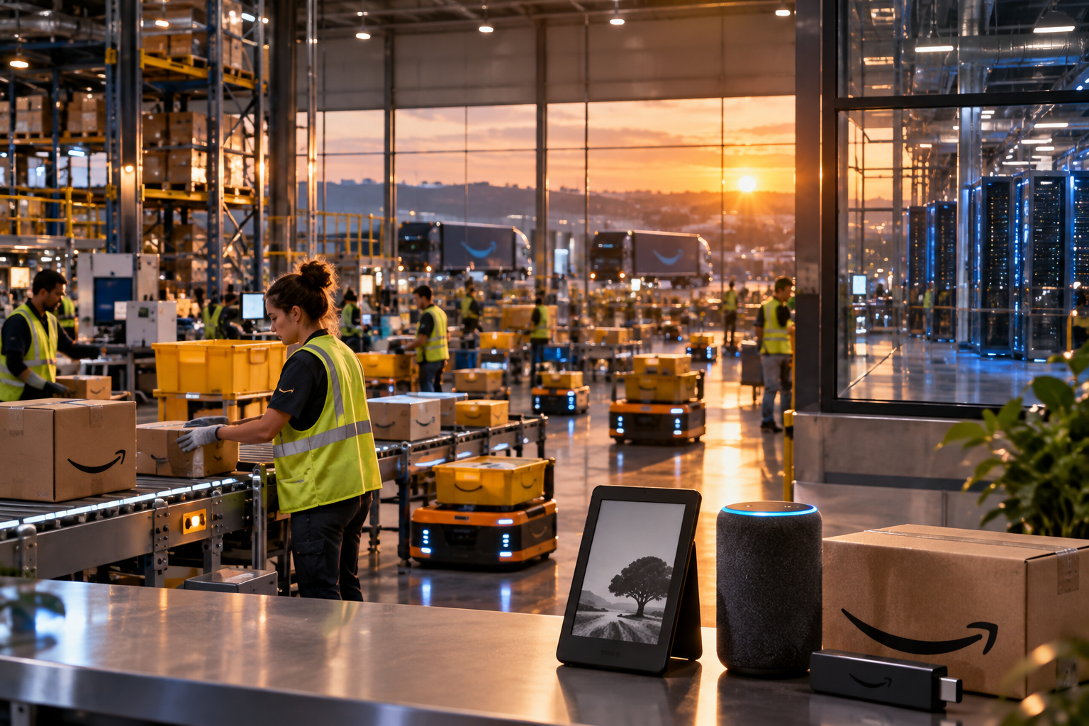 Scène éditoriale réaliste d’un centre logistique Amazon robotisé mêlant colis, robots, appareils connectés et infrastructure serveur.