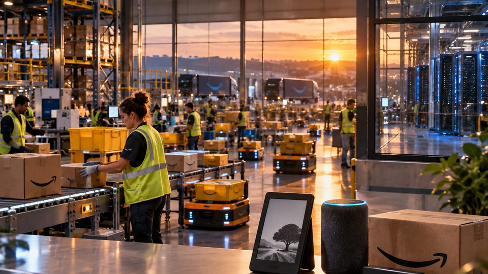 Scène éditoriale réaliste d’un centre logistique Amazon robotisé mêlant colis, robots, appareils connectés et infrastructure serveur.