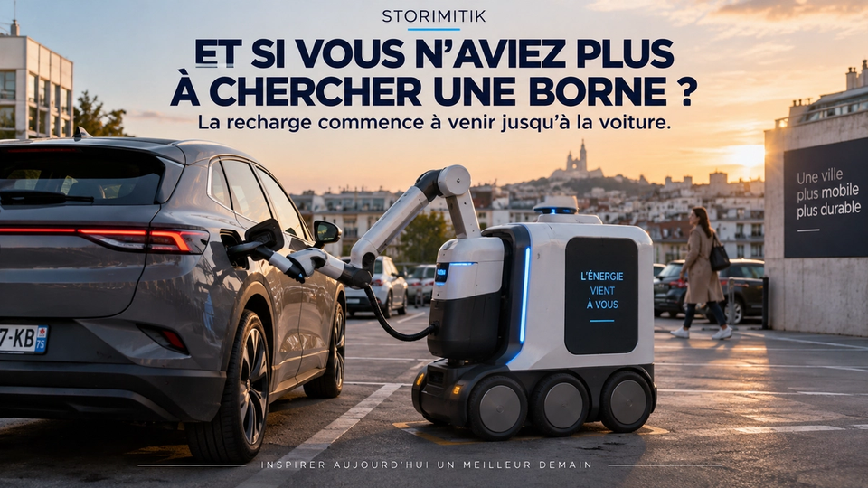 Illustration conceptuelle d’un robot mobile apportant une recharge à une voiture électrique stationnée.