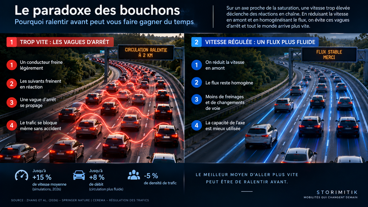Infographie éditoriale expliquant la propagation des vagues d’arrêt dans un trafic dense et le principe d’une vitesse régulée en amont.
