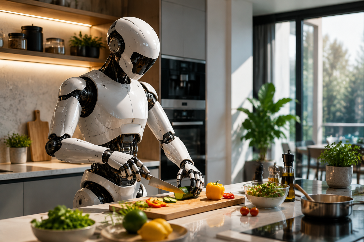 Robot humanoïde préparant des légumes dans une cuisine
