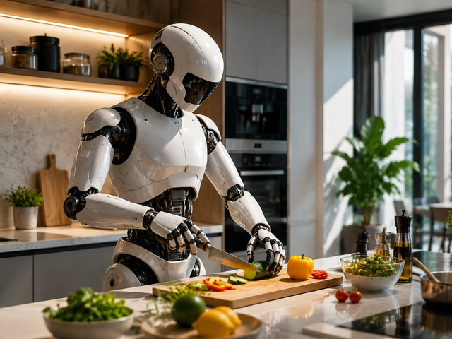 Robot humanoïde préparant des légumes dans une cuisine