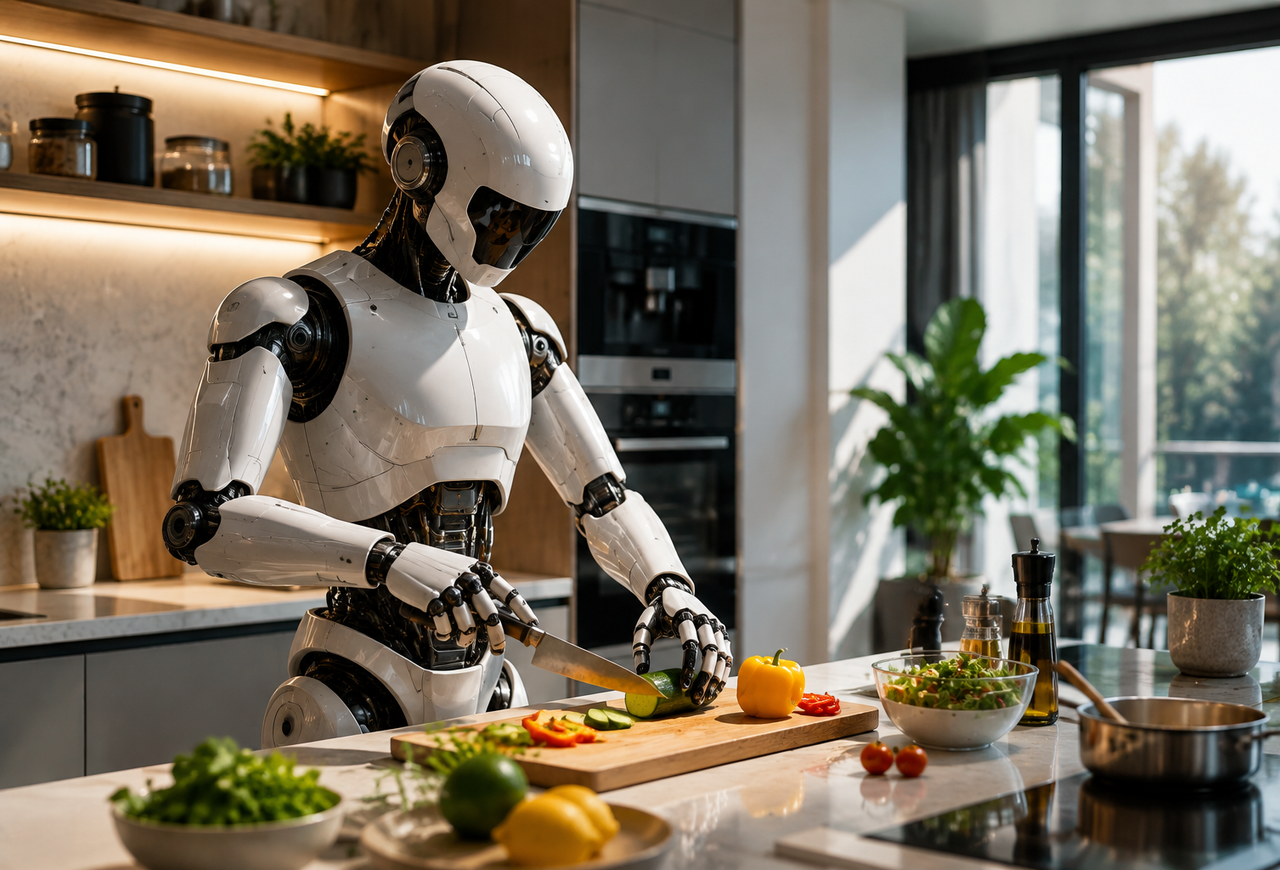 Robot humanoïde préparant des légumes dans une cuisine