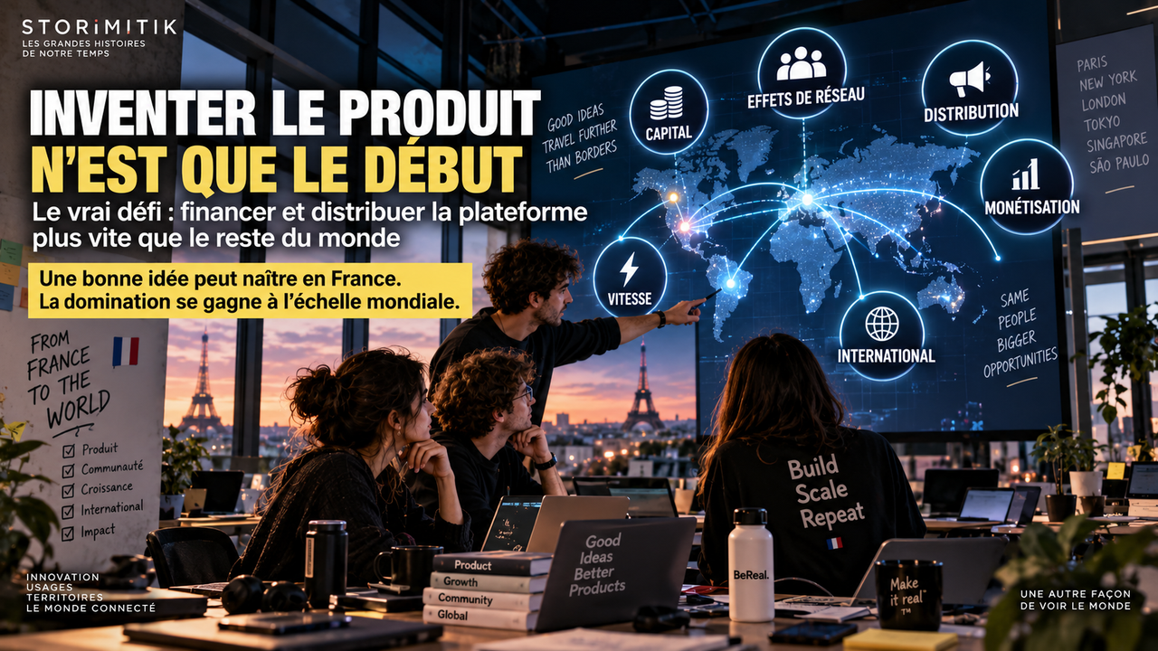 Illustration éditoriale STORIMITIK sur les conditions du passage à l’échelle d’une plateforme sociale : capital, effets de réseau, distribution, monétisation, vitesse et internationalisation.