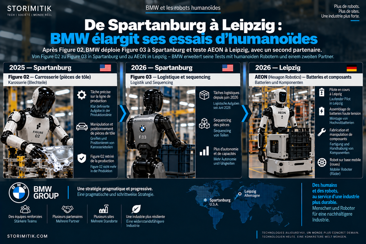 Illustration STORIMITIK de l’extension des essais BMW d’humanoïdes de Spartanburg à Leipzig.