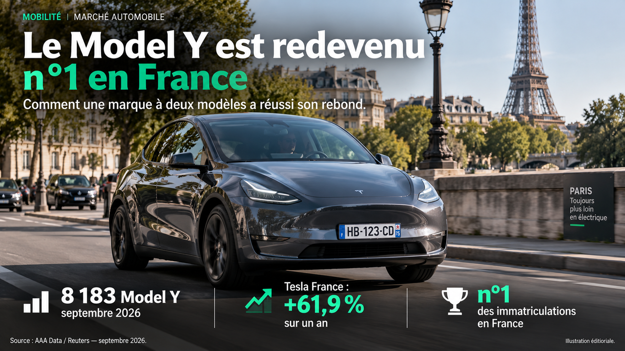 Tesla Model Y dans un décor parisien avec les chiffres de ses immatriculations françaises en septembre 2026.