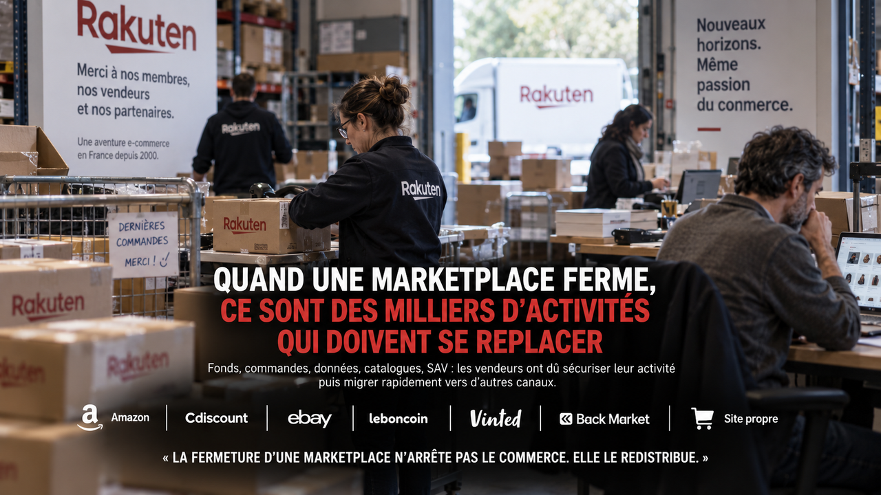 Illustration éditoriale STORIMITIK montrant des vendeurs et salariés dans un environnement de préparation de commandes Rakuten à l’approche de la fermeture.
