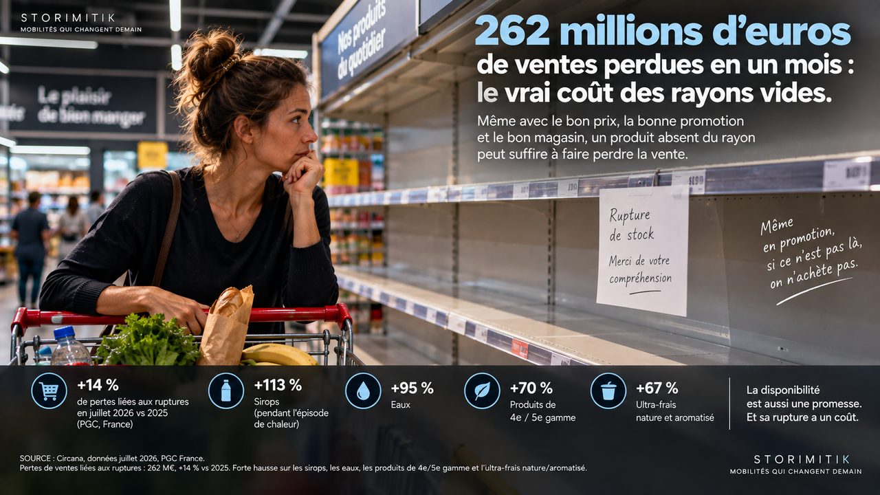 Illustration éditoriale d’une cliente face à un long rayon vide dans un supermarché.