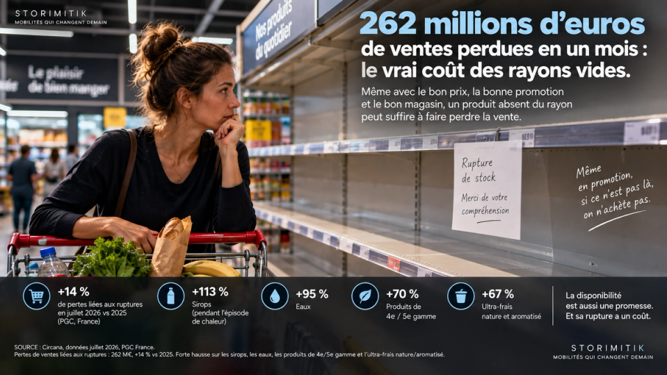 Illustration éditoriale d’une cliente face à un long rayon vide dans un supermarché.