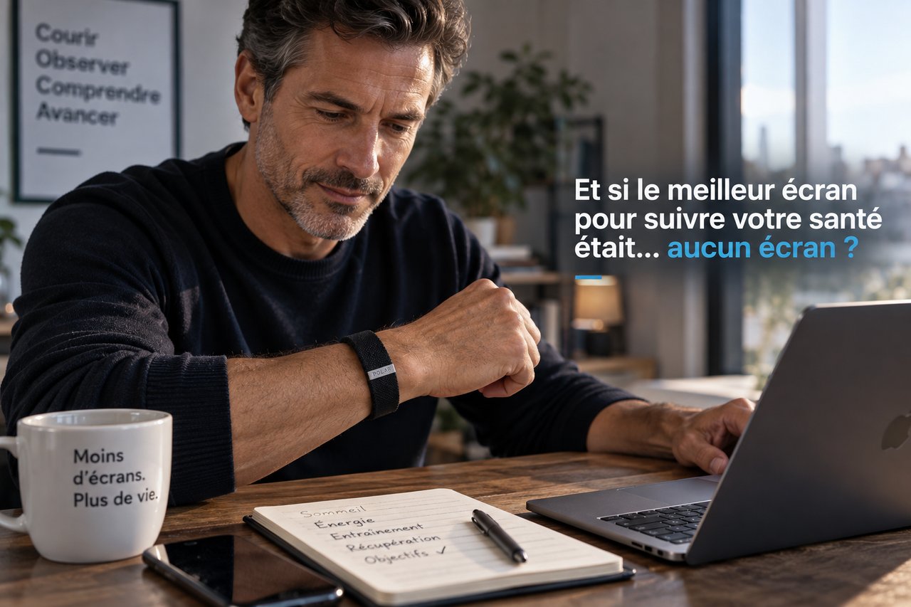 Personne portant un bracelet de suivi sans écran dans une situation quotidienne.