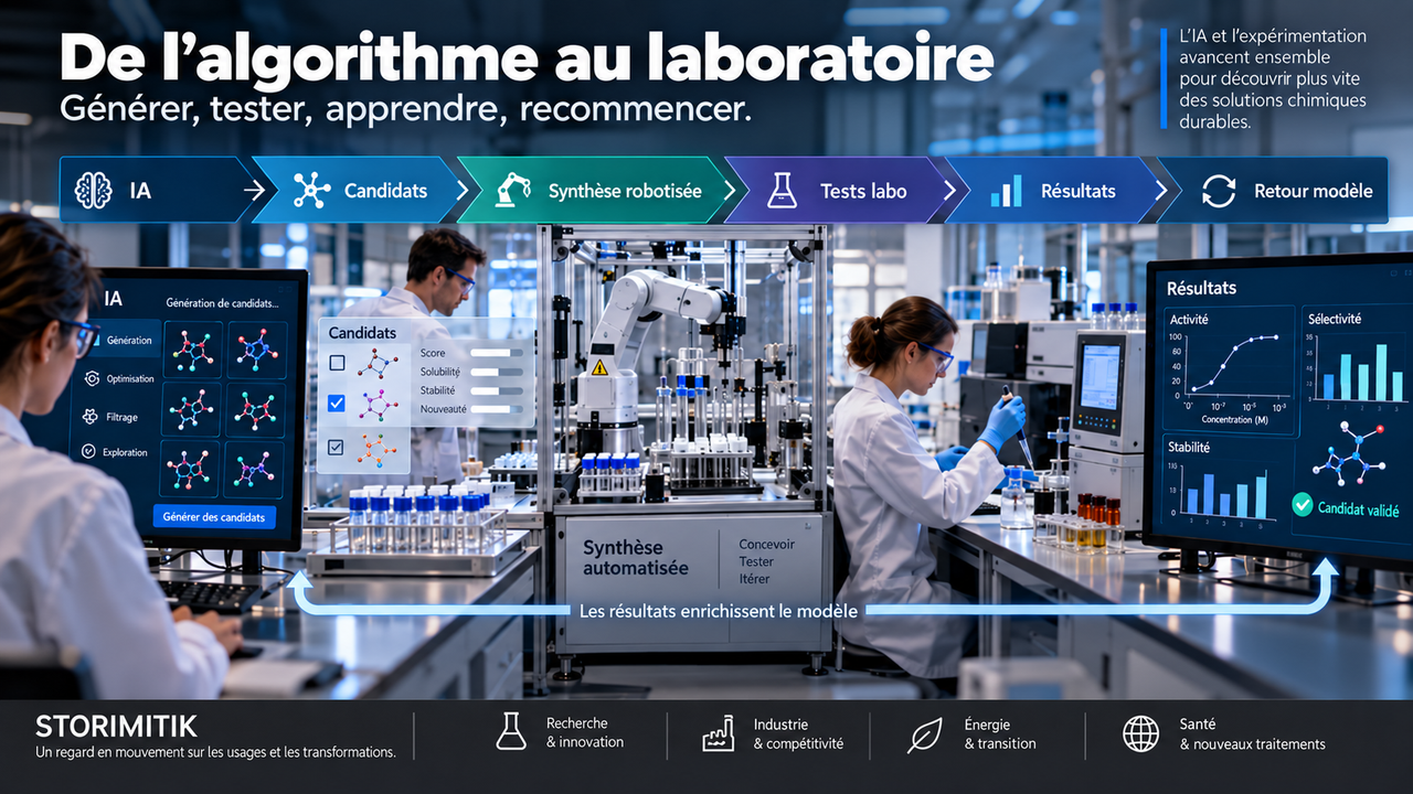 Infographie STORIMITIK montrant la boucle IA, candidats, synthèse robotisée, tests de laboratoire, résultats et retour dans le modèle.