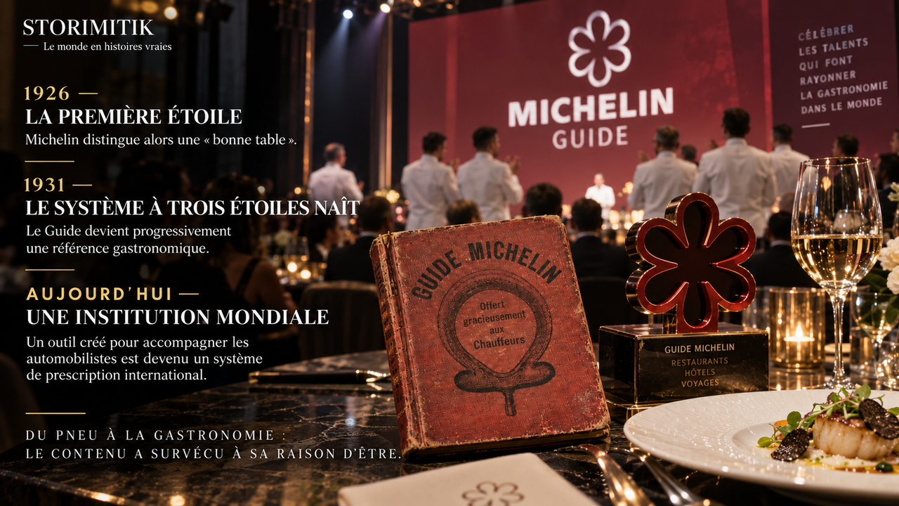 Reconstitution éditoriale STORIMITIK montrant le passage du Guide Michelin historique à son rôle contemporain dans la gastronomie mondiale.