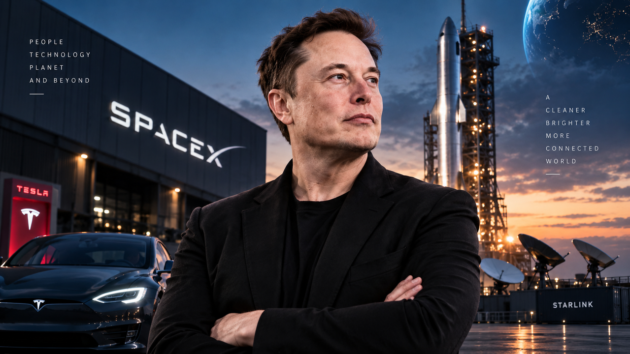Illustration générée STORIMITIK représentant Elon Musk devant un environnement spatial et technologique.