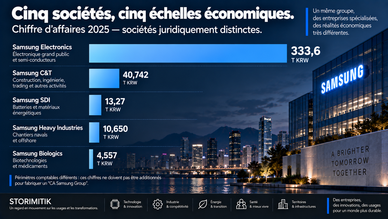 Graphique STORIMITIK comparant les chiffres d’affaires 2025 de Samsung Electronics, Samsung C&T, Samsung SDI, Samsung Heavy Industries et Samsung Biologics.