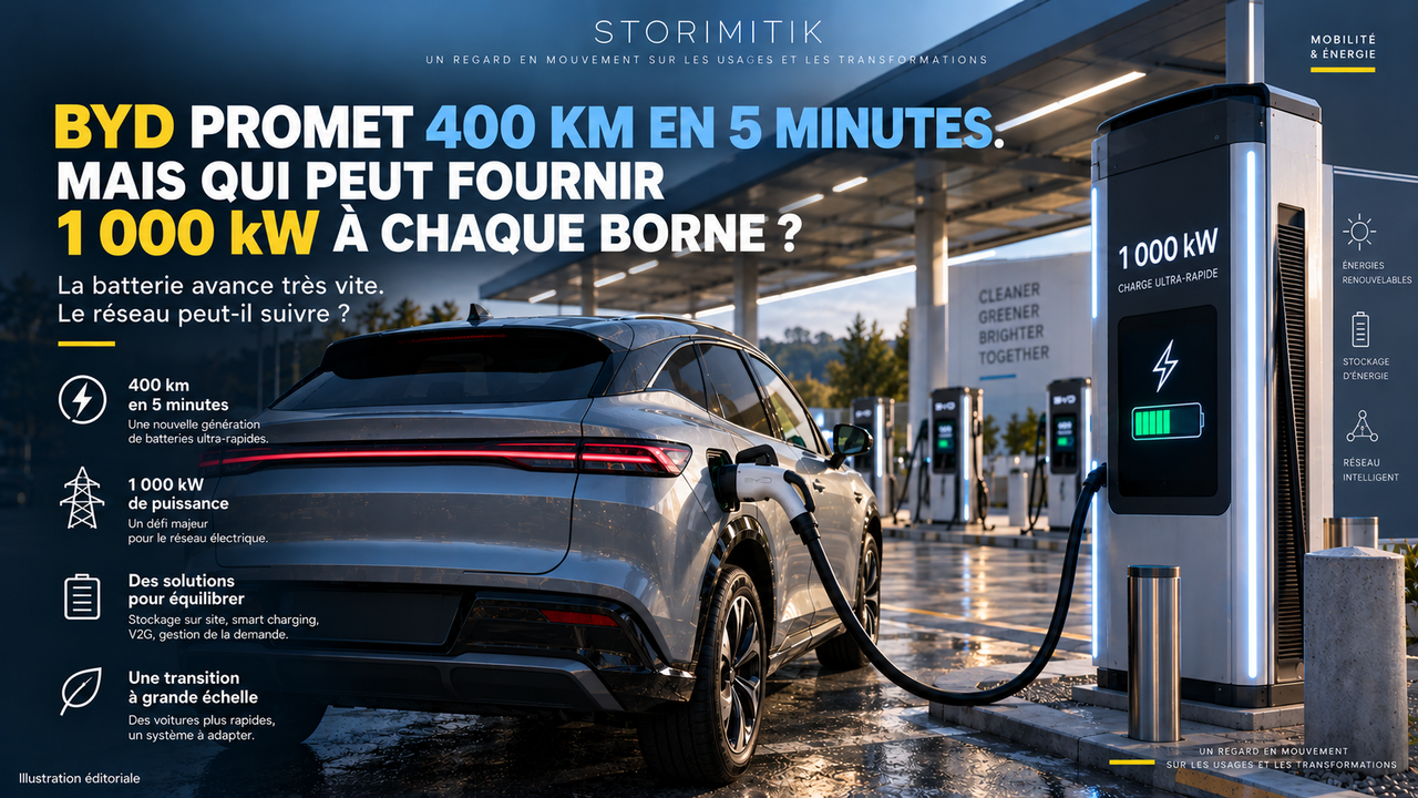 Illustration éditoriale STORIMITIK d’un véhicule électrique générique branché sur une borne ultra-rapide, avec la question de la puissance nécessaire pour fournir 1 000 kW.