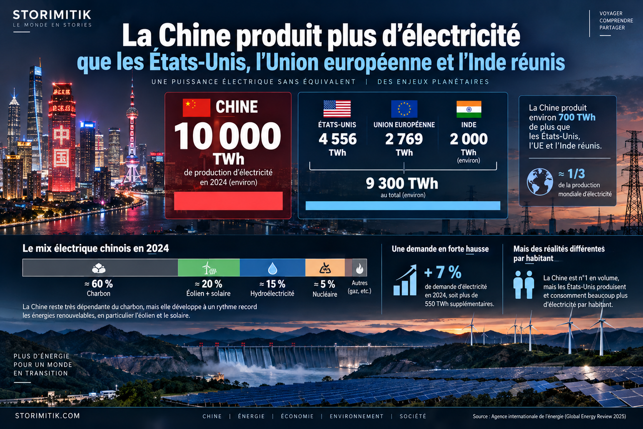 Infographie STORIMITIK comparant la production électrique 2024 de la Chine à celle des États-Unis, de l’Union européenne et de l’Inde.