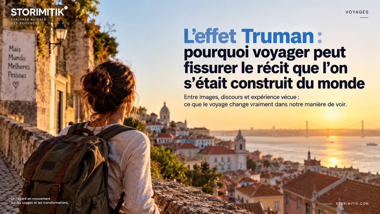 Voyageuse observant une ville au coucher du soleil, dans une mise en scène éditoriale sur la transformation du regard par le voyage.