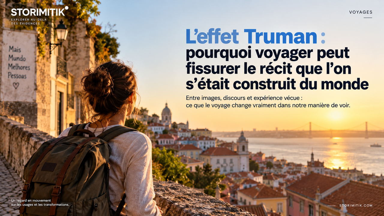 Voyageuse observant une ville au coucher du soleil, dans une mise en scène éditoriale sur la transformation du regard par le voyage.