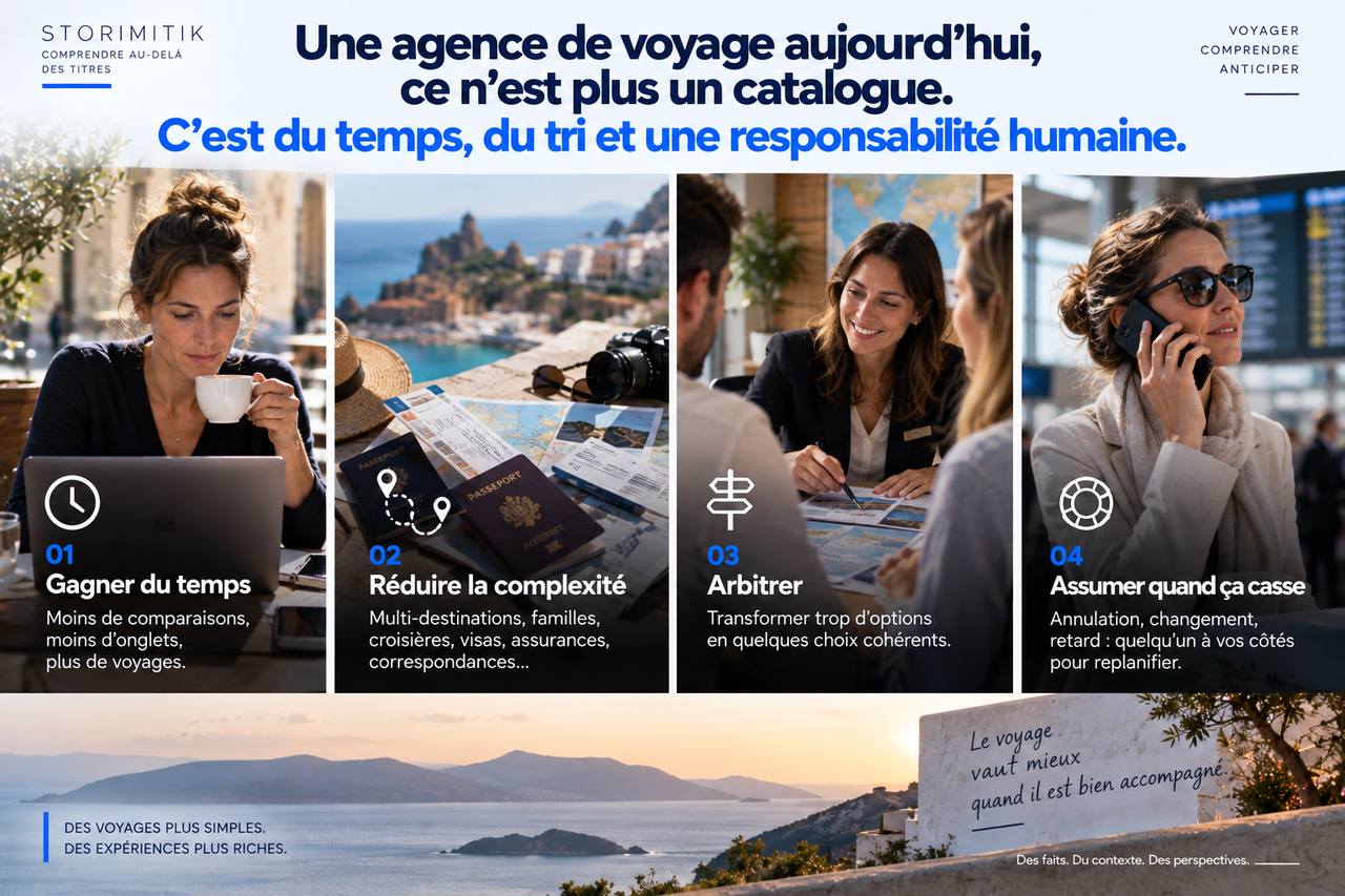 Infographie STORIMITIK montrant quatre fonctions modernes d’une agence de voyage : gagner du temps, réduire la complexité, arbitrer et intervenir lorsqu’un voyage se dérègle.