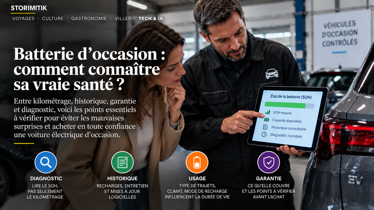 Illustration STORIMITIK d’un diagnostic de batterie affichant des indicateurs génériques sans valeur chiffrée inventée.