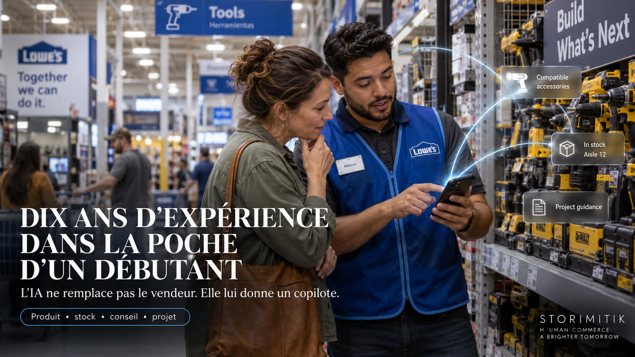 Illustration éditoriale STORIMITIK montrant un vendeur Lowe’s assisté par une IA sur smartphone face à une cliente.