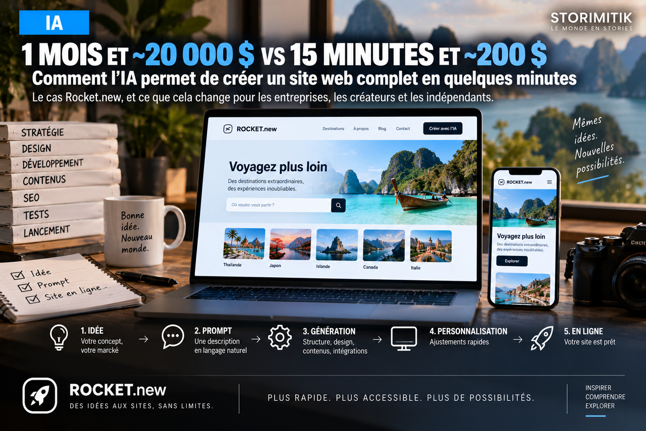 Illustration STORIMITIK montrant le passage d’une idée et d’un prompt à un site web généré puis personnalisé.