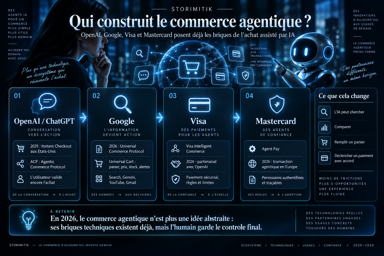 Infographie présentant les rôles d’OpenAI, Google, Visa et Mastercard dans la construction du commerce agentique.