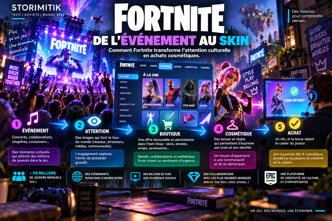 Illustration STORIMITIK montrant comment un événement ou une collaboration Fortnite attire l’attention puis stimule la demande de cosmétiques dans la boutique.