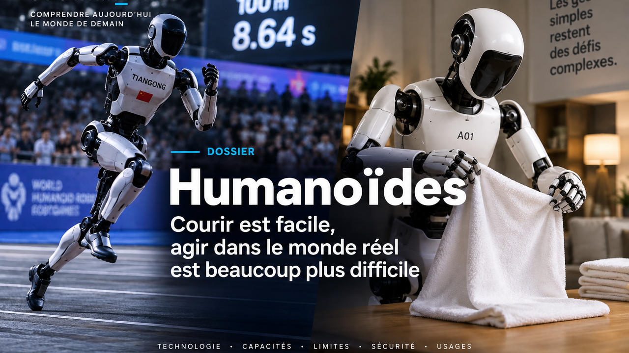 Illustration éditoriale STORIMITIK opposant la performance sportive d’un humanoïde à la difficulté d’une tâche domestique.