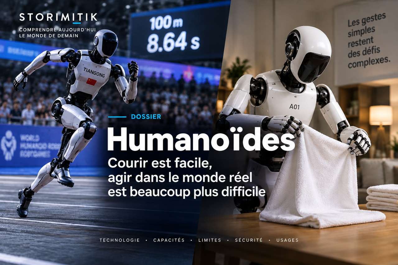 Illustration éditoriale STORIMITIK opposant la performance sportive d’un humanoïde à la difficulté d’une tâche domestique.